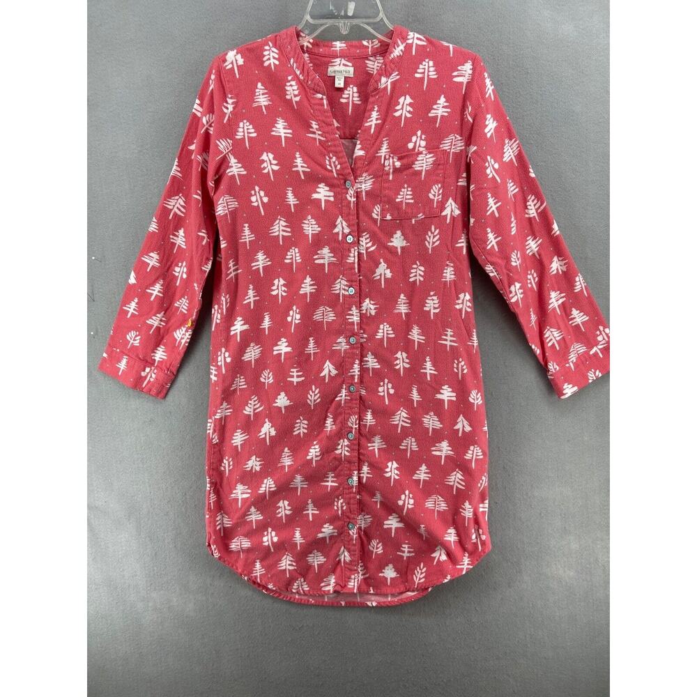 Garnet Hill Dress XS Pink Corduroy Shirt Dress Trees Long Sleeve Button Warm